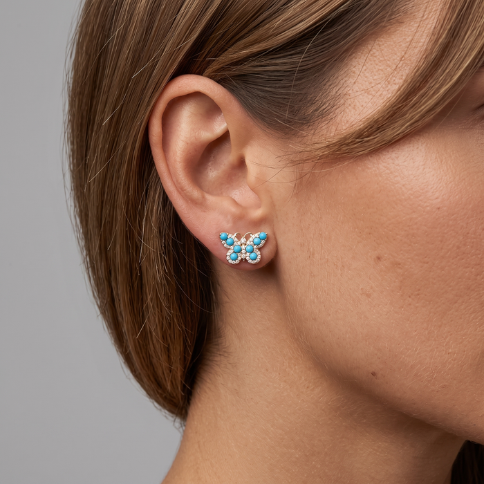 Turquoise Butterfly Diamond Accents Stud Earrings in 14K Yellow Gold