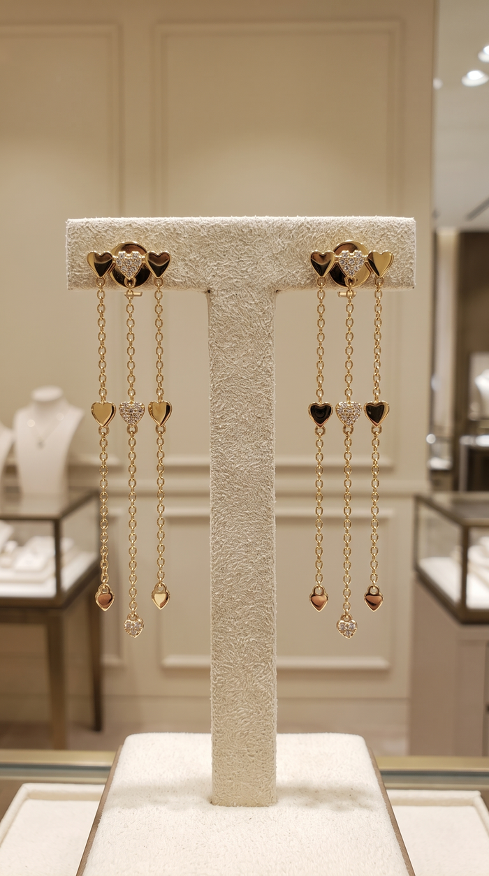Triple Heart Dangle Diamond 14K (or 18k upon request) Yellow Gold Drop Earrings