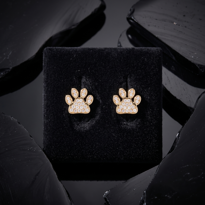 Pave Diamond Paw Stud Earrings in 14K Yellow Gold