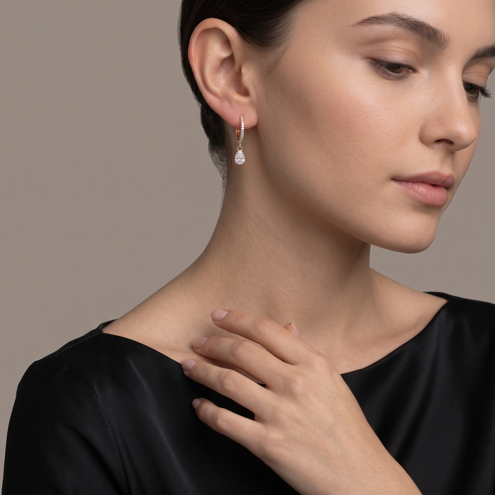 Pave Teardrop Dangle Hoop Earrings in 14K Yellow Gold