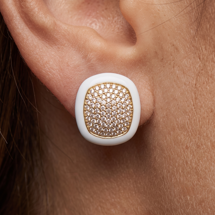 White Enamel Cushion Diamond Pave Stud Earrings in 14K Yellow Gold