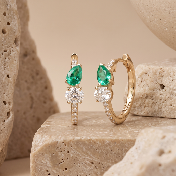 Emerald Diamond Accent Huggie Earrings in 14K Yellow Gold