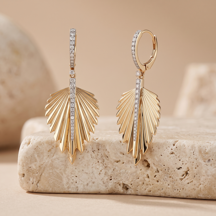 Radiant Leaf 14K (or 18k upon request) Yellow Gold Diamond Drop Earrings