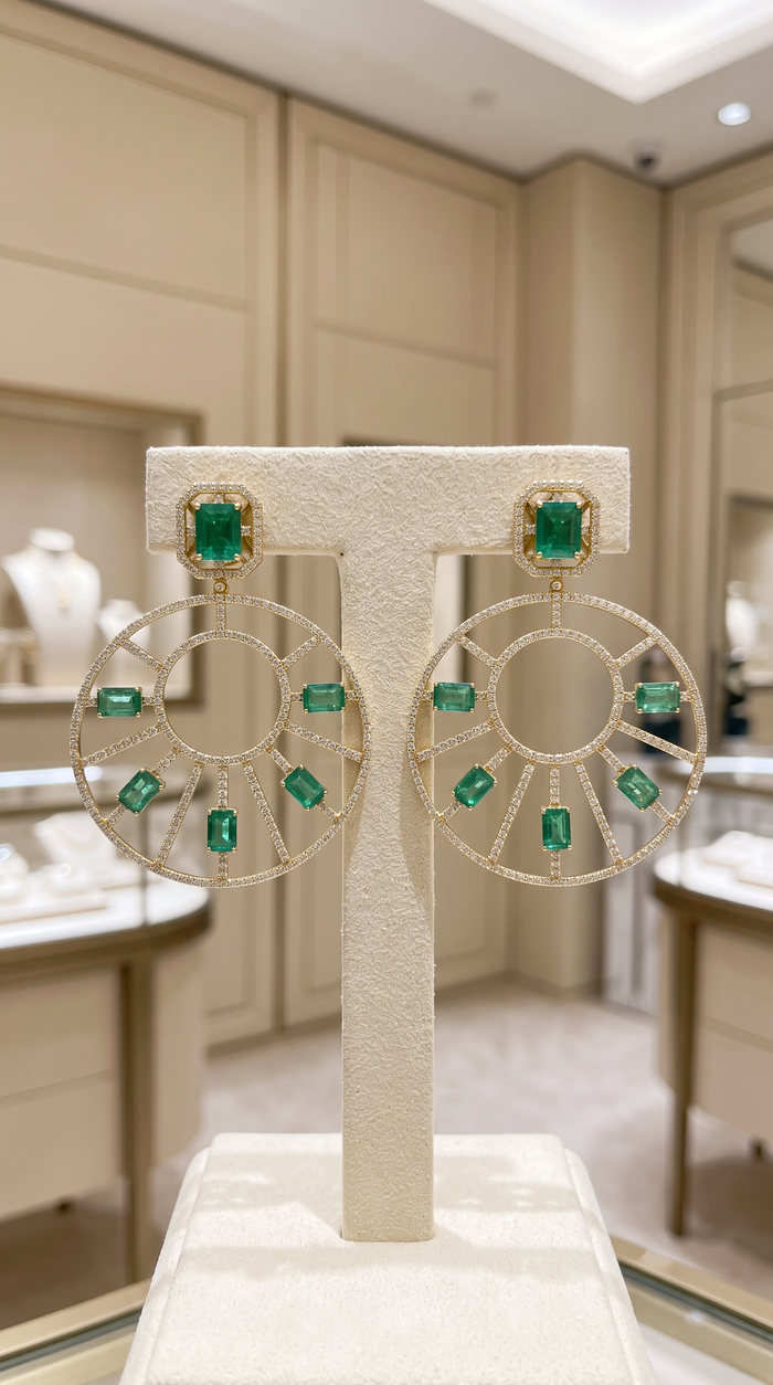 Emerald Diamond Sunburst Statement Earring in 14K Yellow Gold