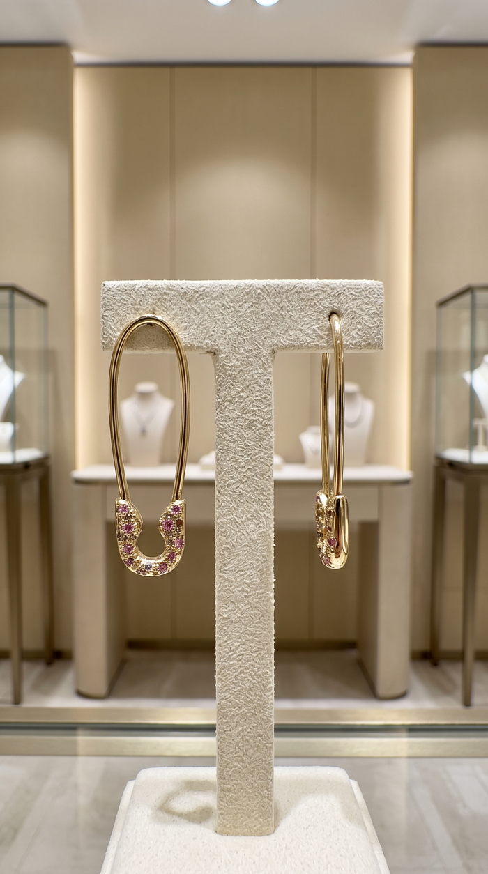 Diamond Safety Charm Pin Earrings in 14K Yellow Gold