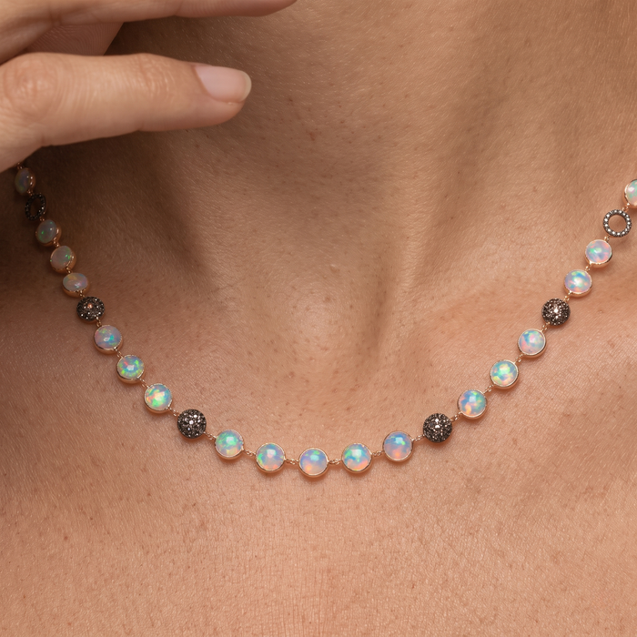 Black Diamond Pearl Station Necklace in 14K Yellow Gold