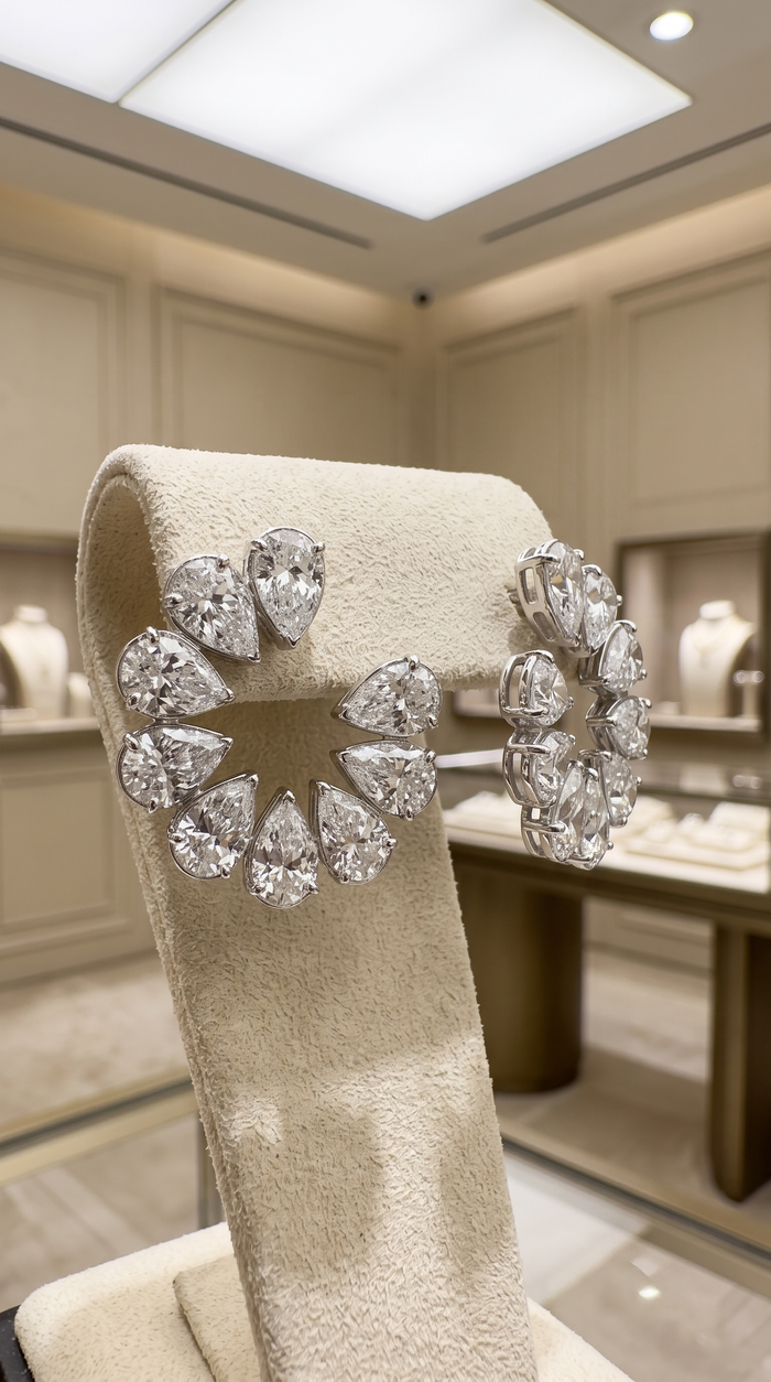 Open Circle Pear Cut Diamond Stud Earrings in 18K Yellow Gold