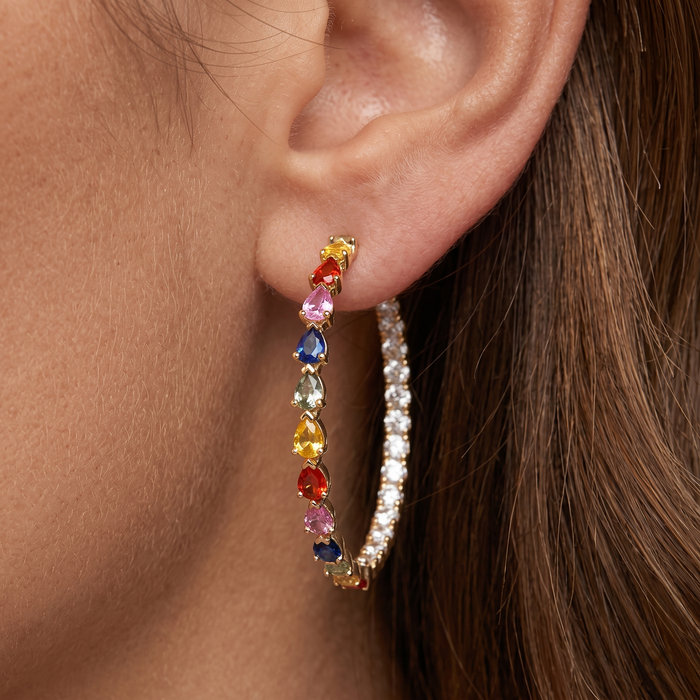 Sapphire Love Hoops Diamond Earrings in 14K Yellow Gold