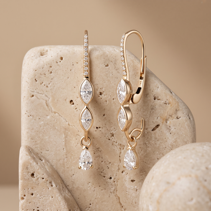 Trio Cut Marquise Pear Diamond Drop Earrings in 14K Gold