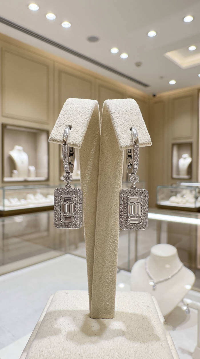 Baguette Halo Diamond Drop Huggie Earrings in 14K White Gold
