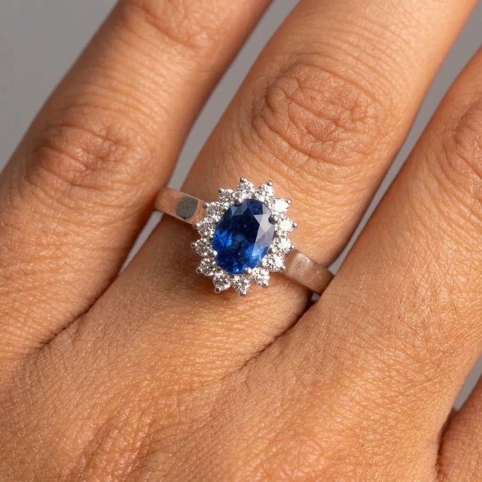 Oval Blue Sapphire 14K Diamond Cluster Ring