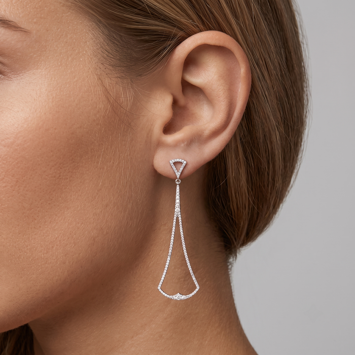 Abstract Diamond Long Drop Earrings in 14K White Gold