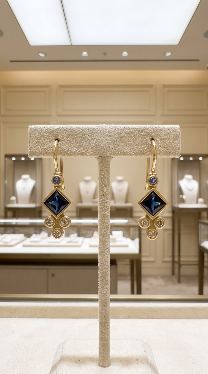 Princess Cut Sapphire Diamond (or 18k upon request) 14K Yellow Gold Drop Earrings