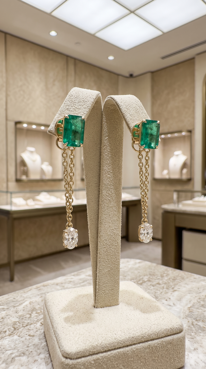 Emerald Chain Drop Earrings in 14K Yellow Gold