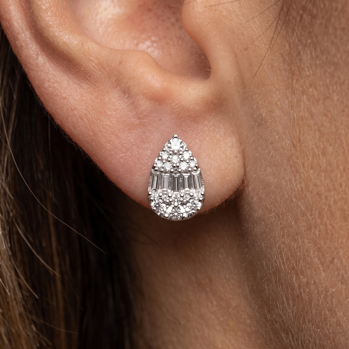 Round Diamond Pear Shape Stud Earrings in 14K White Gold