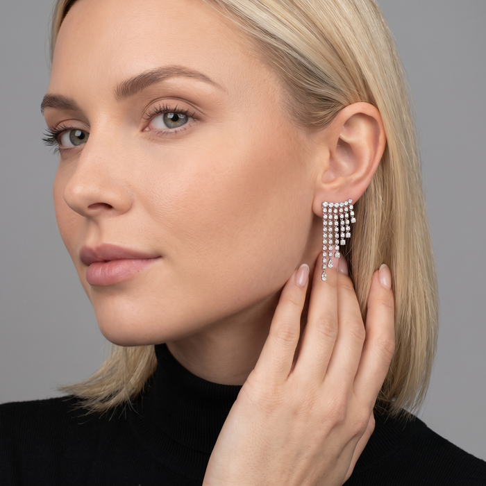 Multi Row White Sqaue 14K Diamond Dangling Earrings