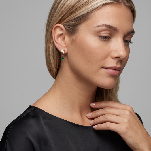 Cluster Teardrop Emerald Drop Earrings in 14K Yellow Gold