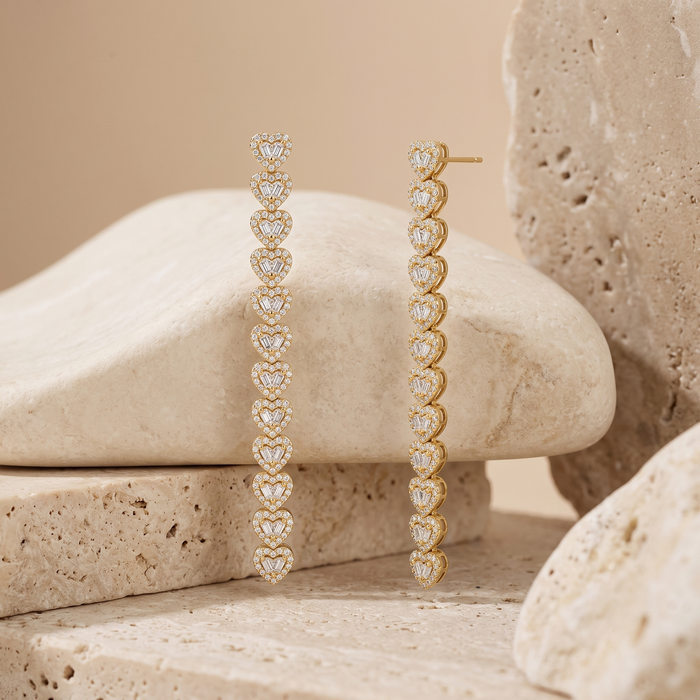 Heart Shaped Diamond Line Drop Earrings in 18K Yellow Gold