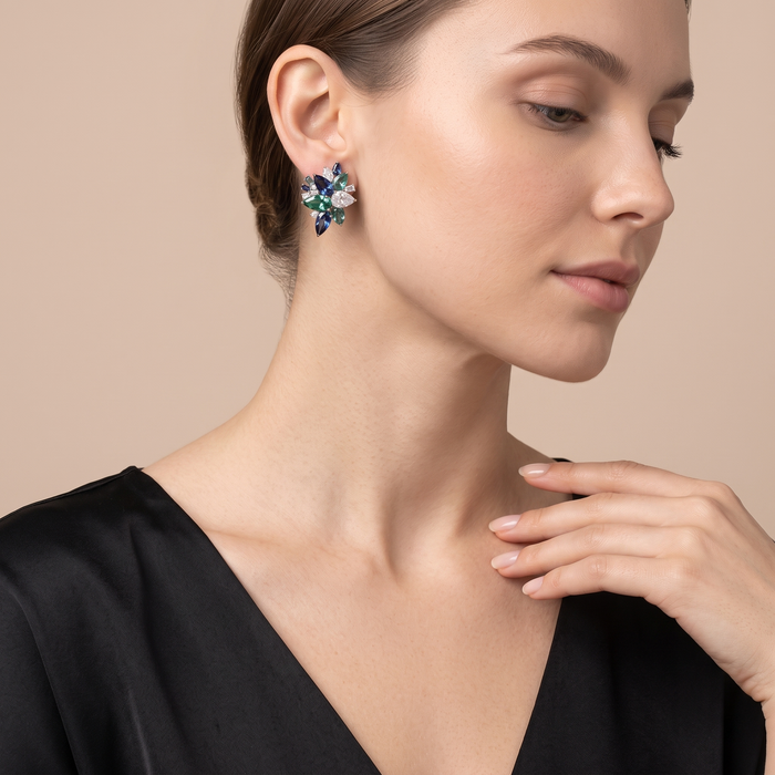 Multicolor Sapphire & Diamond 14K White Gold Floral Stud Earrings
