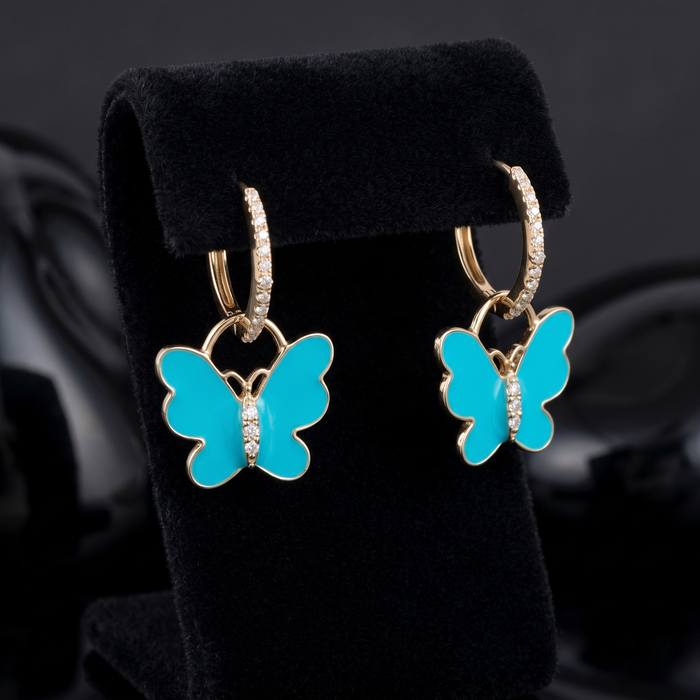 Turquoise Butterfly 14K (or 18k upon request) Yellow Gold Diamond Drop Earrings
