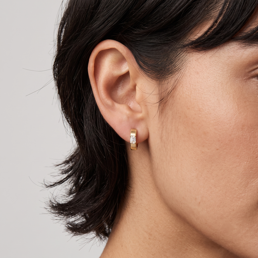 Emerald Cut Solitaire Huggie Earrings in 14K Yellow Gold