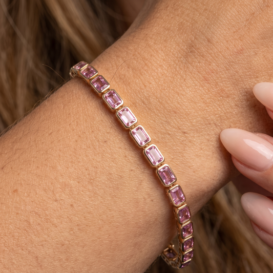 Emerald Cut Pink Sapphire 14K Gold Tennis Bracelet
