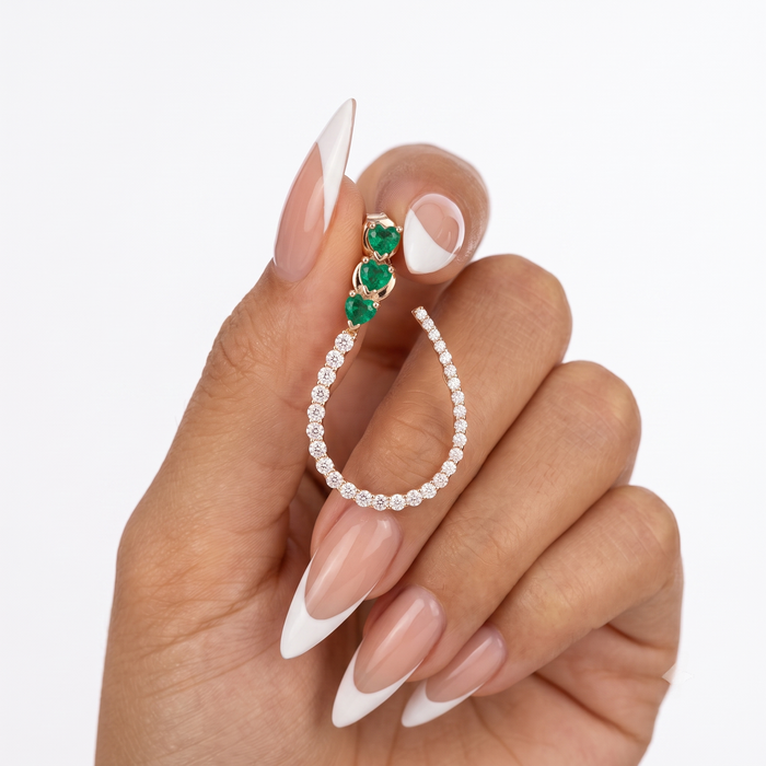 Trio Heart Emerald 14K (or 18k upon request) Yellow Gold Diamond Drop Earrings