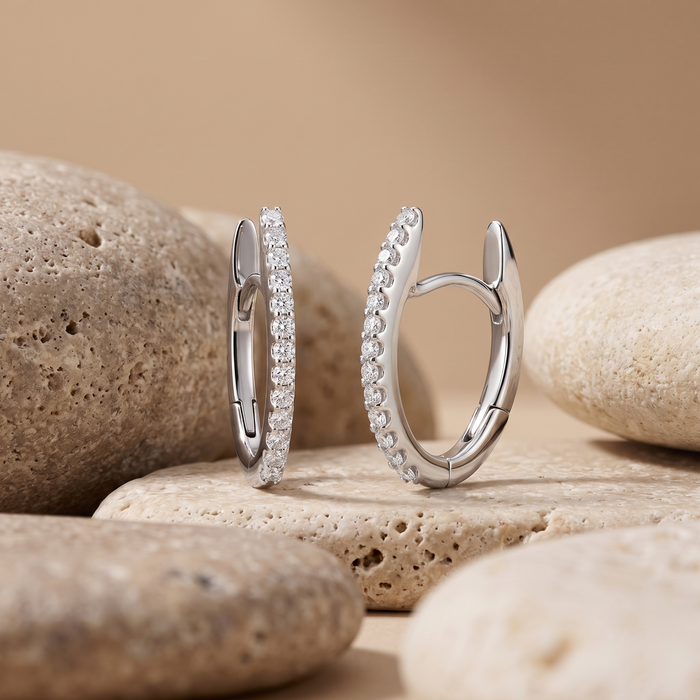 Oval Sleek Diamond Huggie Earrings in 14K White Gold