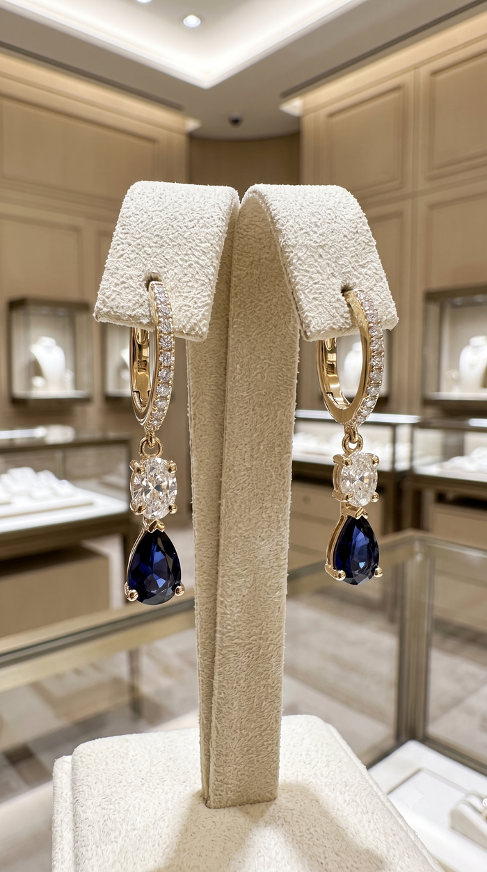 Midnight Sapphire Drop Earrings in 14K Yellow Gold