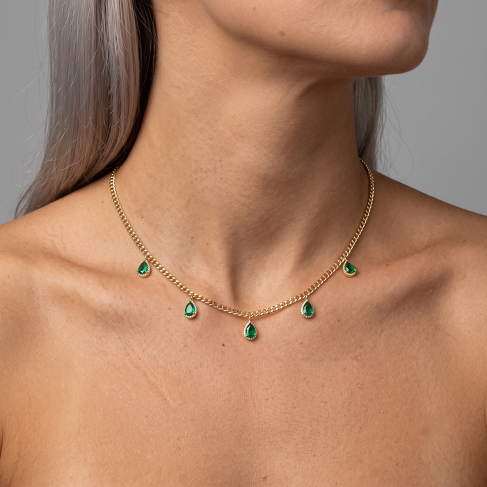 Emerald Teardrop Charms Chain Necklace in 14K Yellow Gold