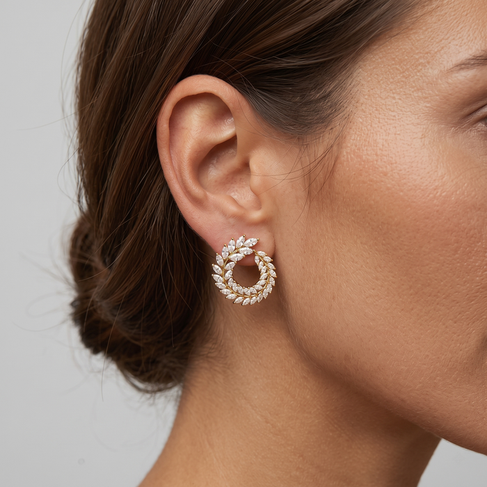 Round Leaf Shape Diamond Earrings in 18K Yellow Gold