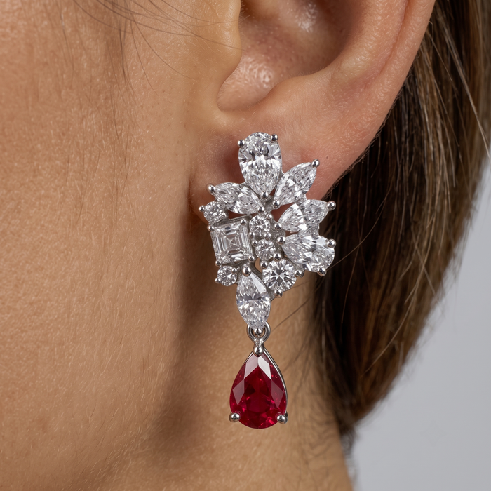 Floral Cluster Diamond Ruby Drop Earrings in 18K White Gold