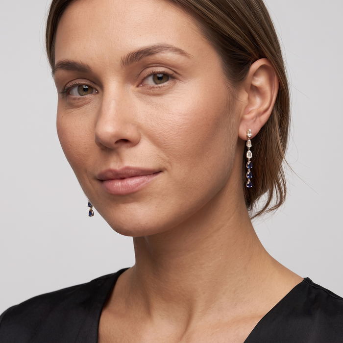 Baguette Diamond Sapphire Drop Cascade Earrings in 14K Yellow Gold