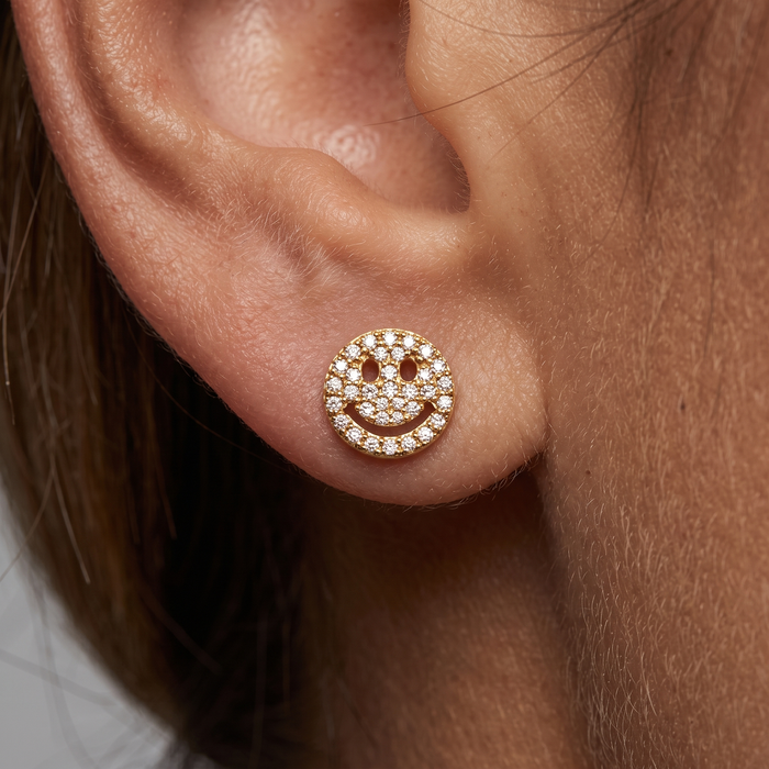 Smiley Face Diamond Stud Earrings in 14K Yellow Gold