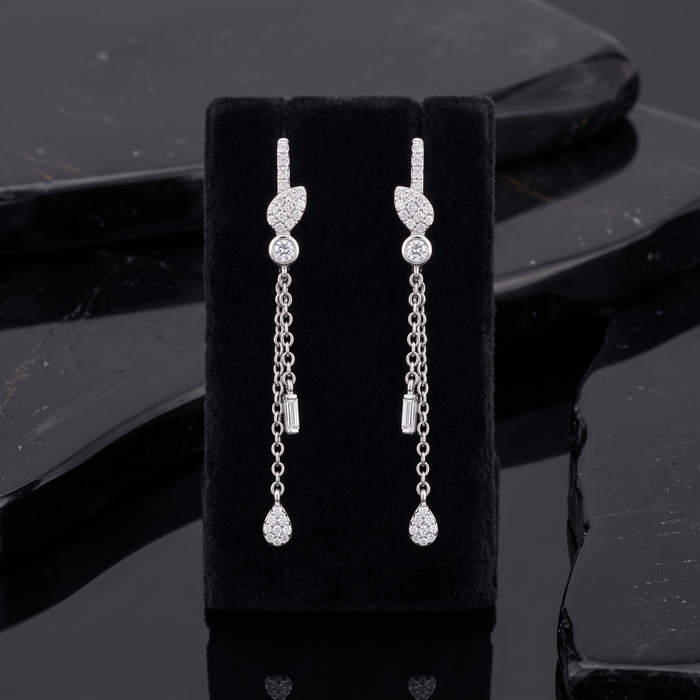 Cascade Charm Diamond Dangle Chain Earrings in 14K White Gold