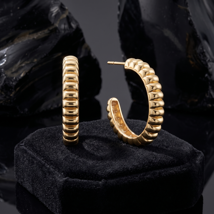 Ribbed Dome Textured Hoop Earrings in 18K Yellow Gold
