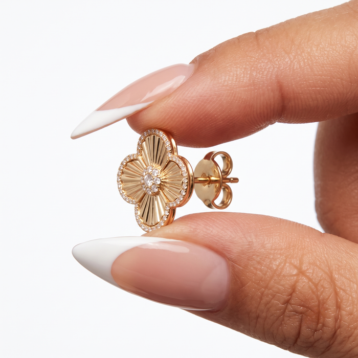 Sleek Lined Flower Diamond Stud Earrings in 14K Yellow Gold