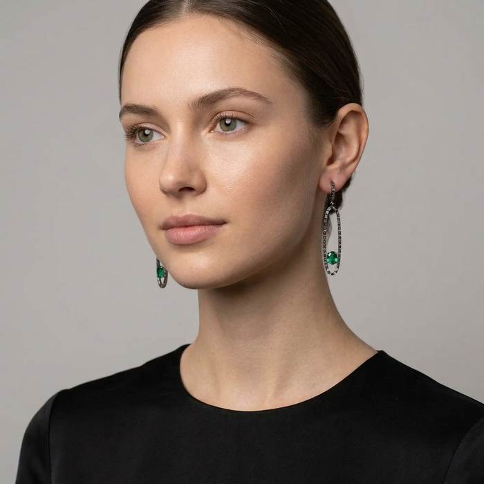 Blackened Oval Drop Green Emerald Earrings in 18K White Gold