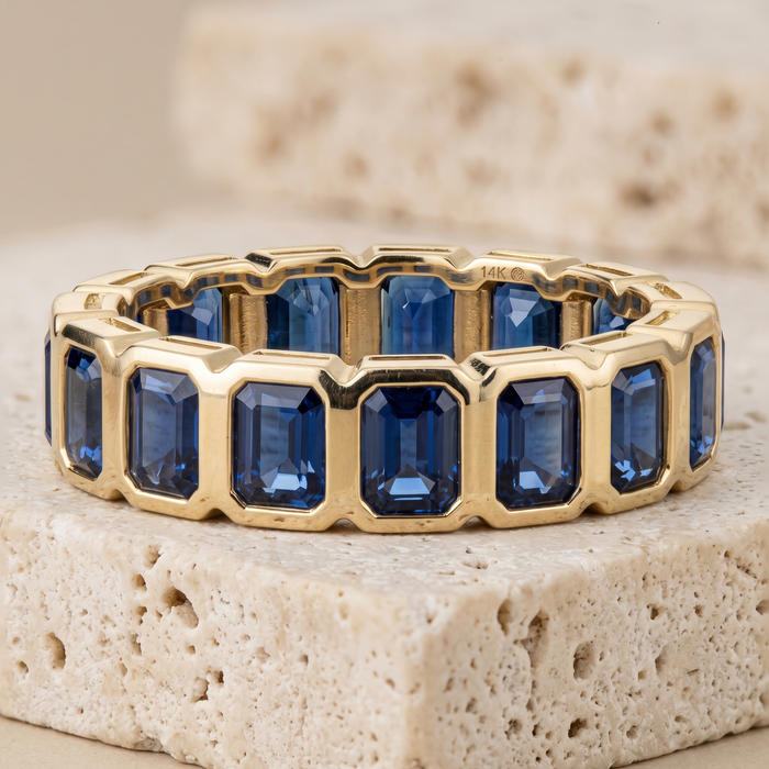 Royal Blue Emerald-Cut Sapphire Eternity Band Ring in 14K Yellow Gold