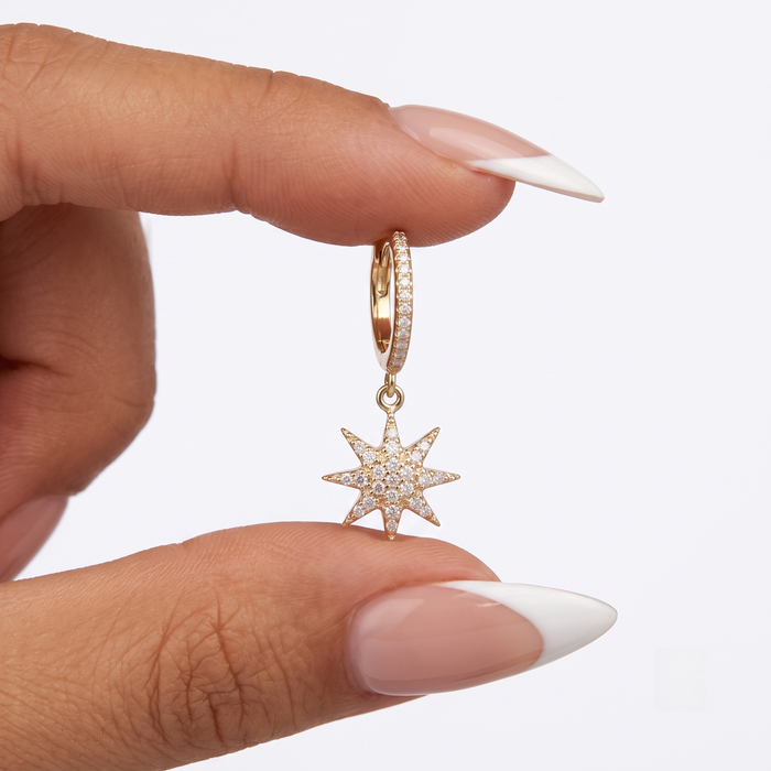 North Star Diamond Drop Huggie Earrings in 14K Yellow Gold