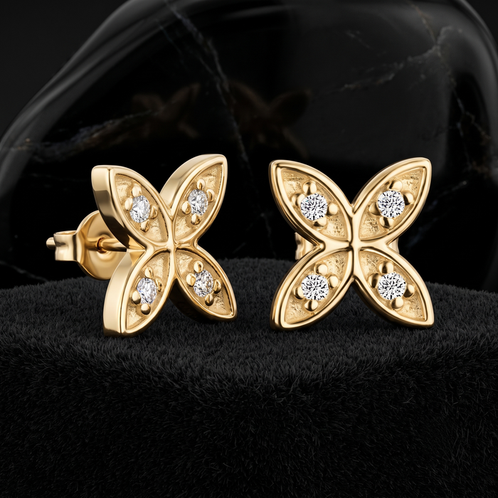Floral Petal Diamond Stud Earrings in 14K Yellow Gold