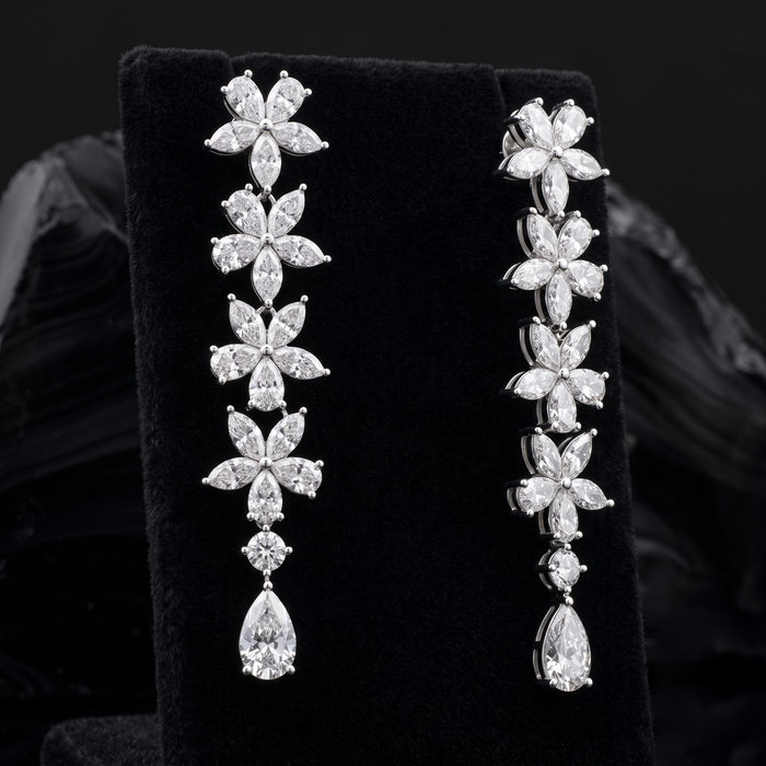 Flowers Petal Diamond Drop Earrings in 18K White Gold