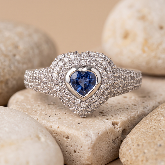 Heart Blue Sapphire Diamond Halo Ring in 14K White Gold