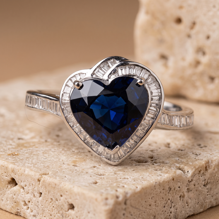 Heart-Cut Blue Sapphire Diamond Halo Ring in 14K White Gold