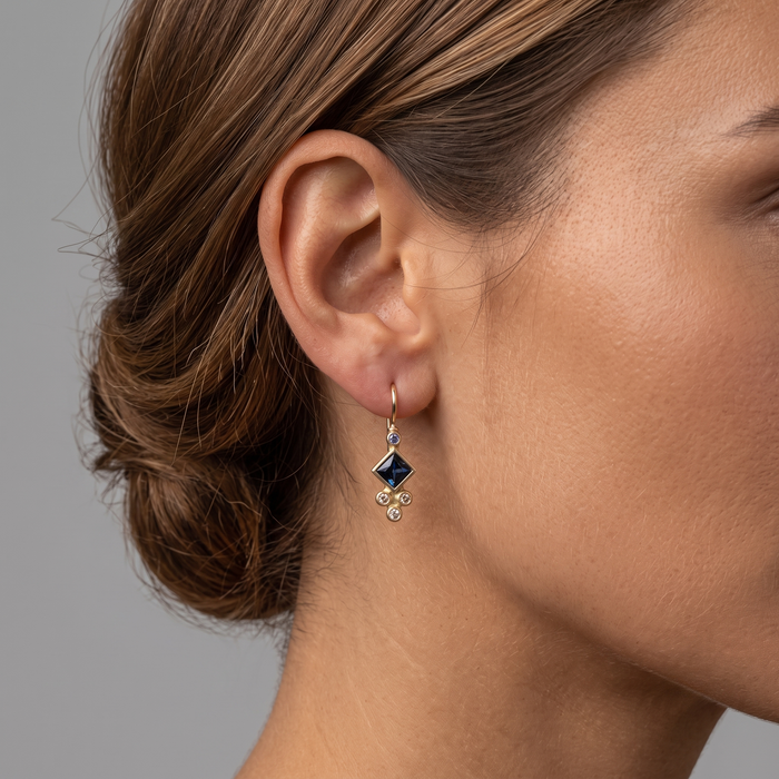 Princess Cut Sapphire Diamond (or 18k upon request) 14K Yellow Gold Drop Earrings