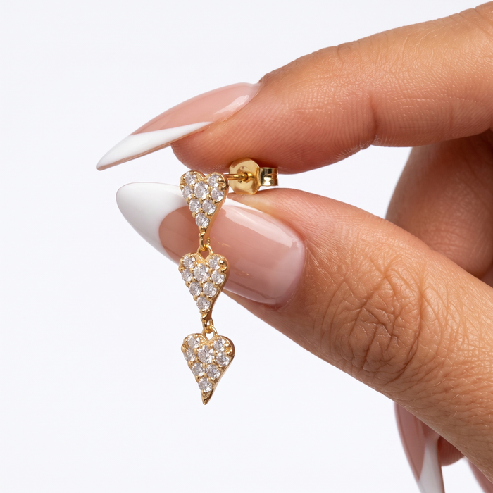 Triple Heart Trail Drop Earrings in 14K Yellow Gold