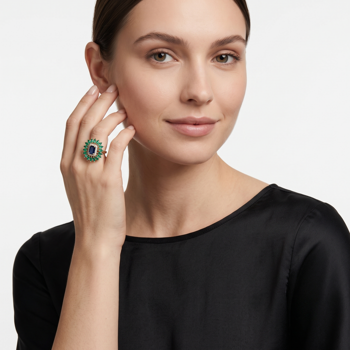 Blue Sapphire Emerald 14K Halo Cocktail Ring