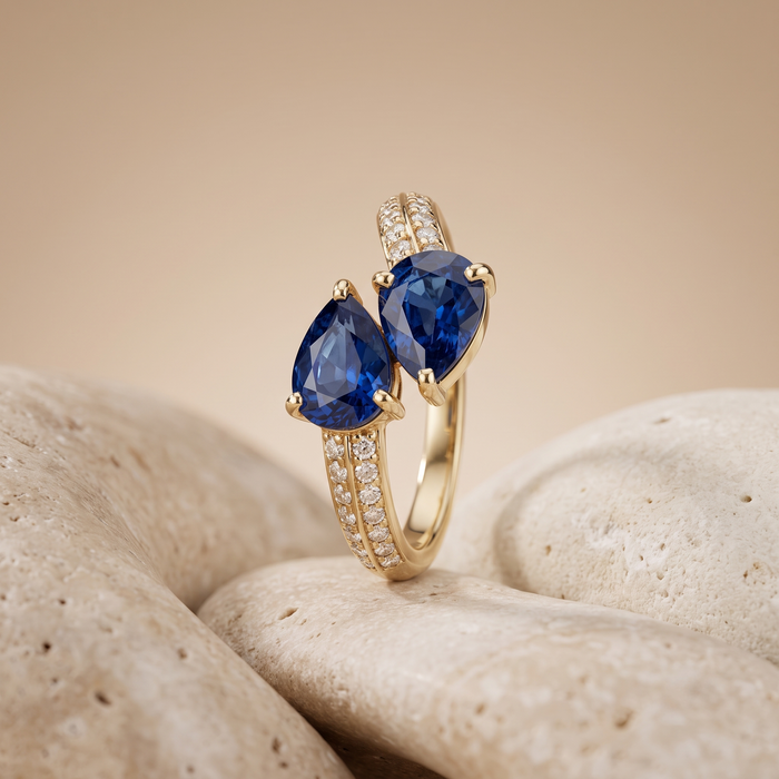 Dual Pear Blue Sapphire 14K Diamond Open Band Ring