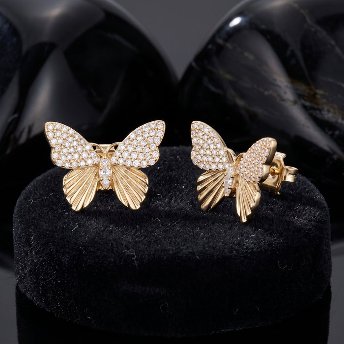 Butterfly Decorative Diamond Stud Earrings in 14K Yellow Gold