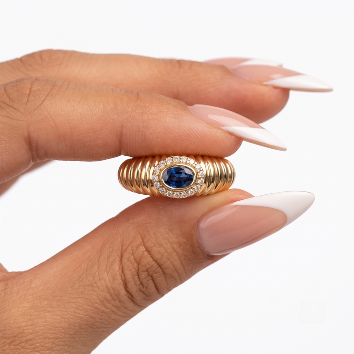Deep Oval-Cut Blue Sapphire 14K Diamond Halo Ring